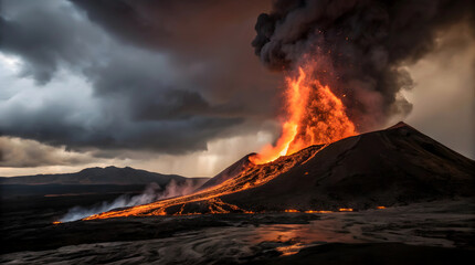 Fiery Volcanic Eruption Under A Dramatic Stormy Sky Showcasing The Raw Power Of Nature With Incandescent Lava Flows And Dark Ominous Clouds