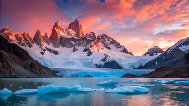 Majestic Fitz Roy At Sunset, Casting A Fiery Glow On The Serene Glacial Lake And Icy Floes, A Breathtaking Patagonian Spectacle