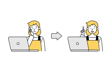 パソコン作業で疑問・悩みが解決する主婦のベクターイラスト シンプル