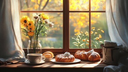 Cozy autumn window seat breakfast scene
