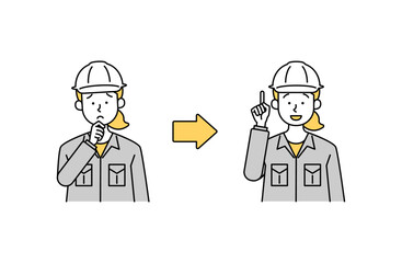 疑問・悩みが解決する女性作業員のベクターイラスト シンプル