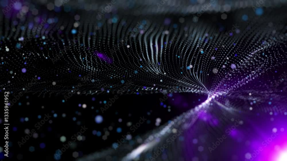 Poster Technology digital futuristic wave and lens flare flowing with colorful particles 4K motion loop background