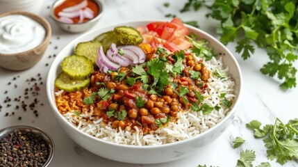 Delicious vegan chickpea curry rice bowl with fresh toppings and vibrant colors on marble background