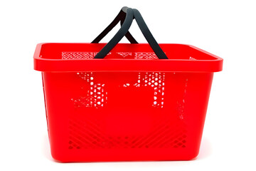 Red plastic shopping basket on white background