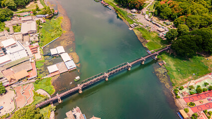 The Bridge on the River Kwai, Kanchanaburi, Thailand.The Death Railway, World War II, by the Japanese Army, which conscripted approximately 61,700 Allied prisoners of war. Opened 1943. Drone view.
