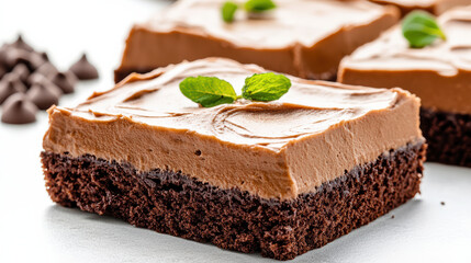 Delicious chocolate cake slice with rich frosting and mint garnish