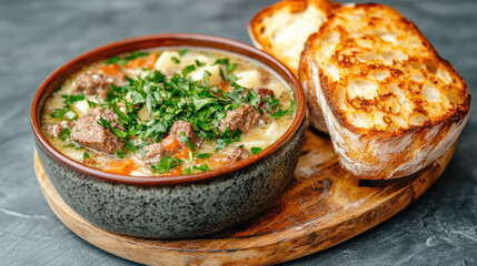 cozy meal of hearty stew served in rustic bowl with toasted bread