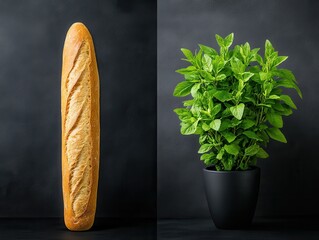 Freshly baked baguette beside vibrant green basil plant in a dark setting