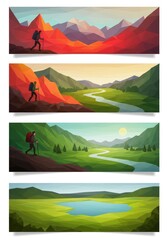 Minimalist abstract landscapes flat vector design travel exploration nature observation polygonal banner illustrations.