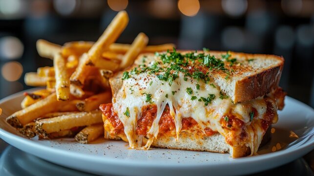 Mouthwatering chicken parmesan sandwich and golden french fries on a plate captivating tasty culinary experience appetizing