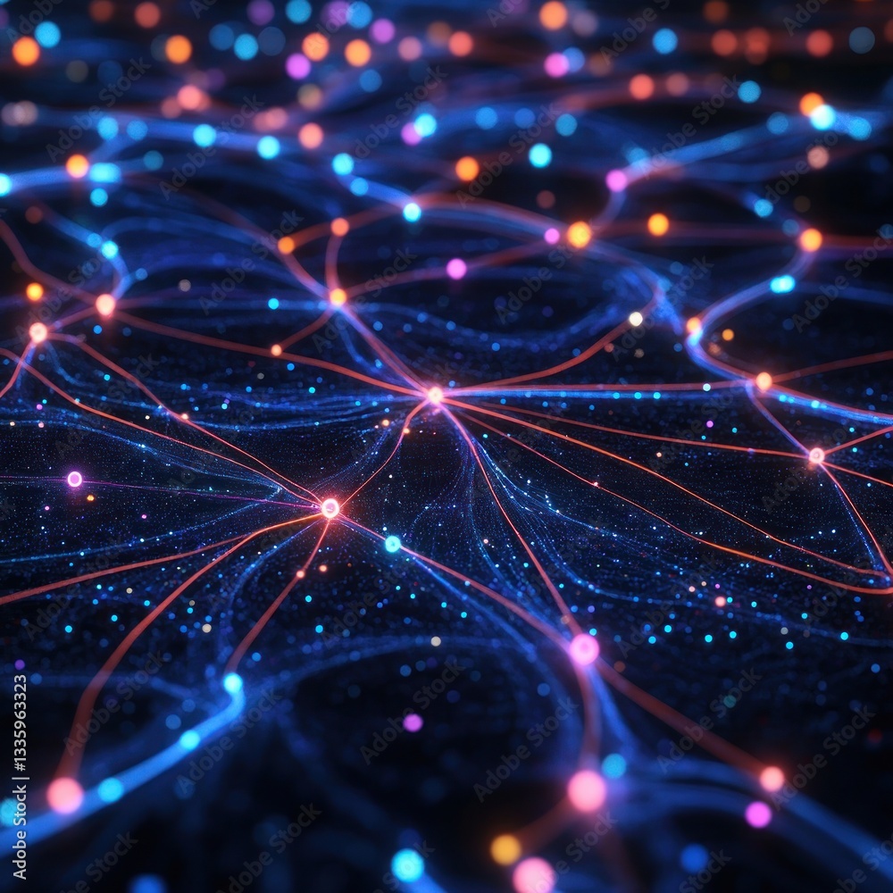 Poster dynamic data network with connected luminous dots and lines in red and blue colors abstract visual