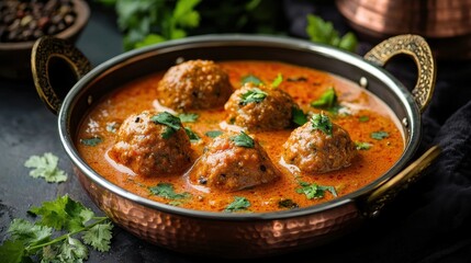 Delectable kofta curry in a rustic copper serving dish garnished with fresh cilantro leaves on dark surface