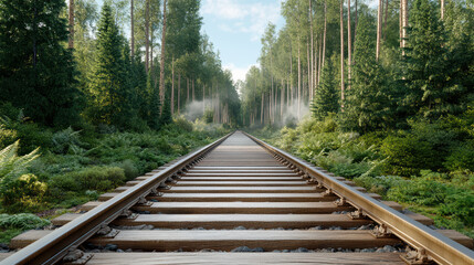 Fototapeta premium serene abandoned railway surrounded by tall trees and lush greenery
