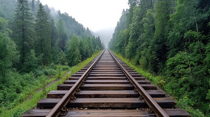 Fototapeta premium serene railway track stretching through lush green forest landscape