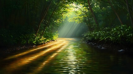 Obraz premium Serene Forest River Scene Sunlight Streaming Through Trees Tranquil Nature