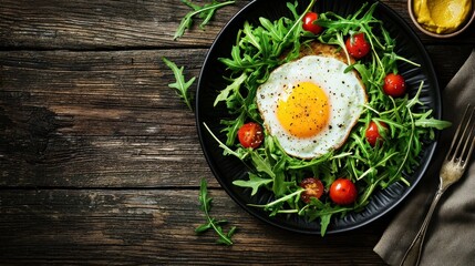Delicious fried egg and arugula salad with cherry tomatoes on a rustic wood table flat lay