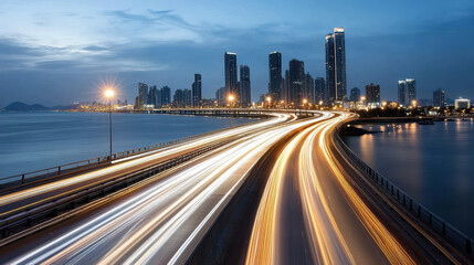 Fototapeta premium nighttime skyline with long exposure capturing light trails and city lights