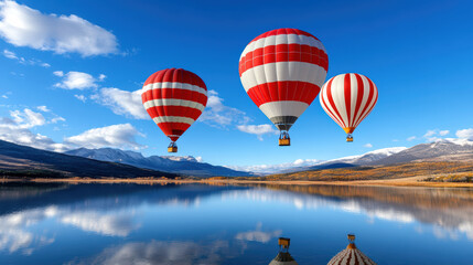 Fototapeta premium Colorful hot air balloons floating over serene lake with mountains