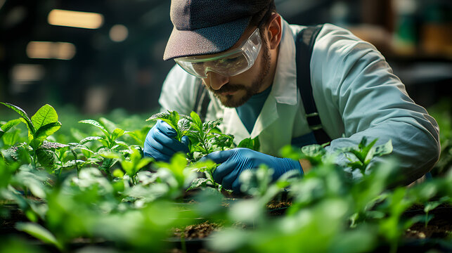 Scientist Examining Plant Growth in Research Facility for Agriculture