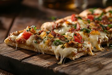 Celebrate National Pizza Party Day with a delightful assortment of cheesy slices adorned with vibrant toppings, beautifully arranged on a rustic wooden table and captured in mouthwatering close-ups.