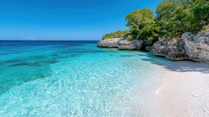 Fototapeta premium serene hidden cove on remote island with clear turquoise waters and sandy shore