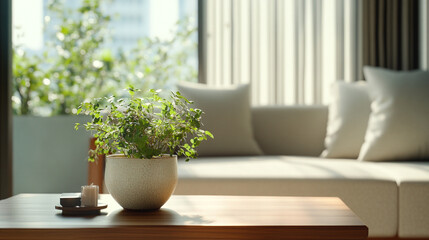 Fototapeta premium Modern South Korean apartment interior with vintage ceramic pot and green ivy on wooden coffee table in warm lighting 