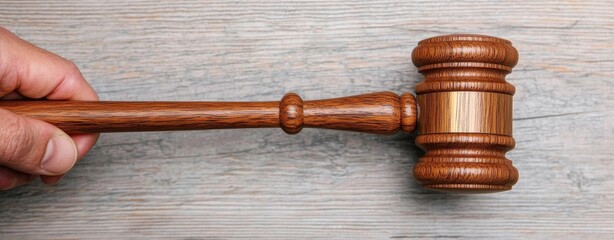 judge hand hold gavel symbolize concept. Hand holding a wooden gavel on a textured surface.