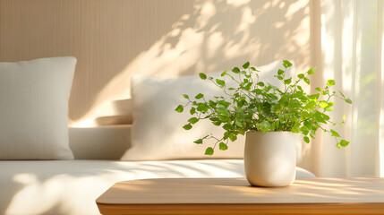 Modern South Korean apartment interior with vintage ceramic pot and green ivy on wooden coffee table in warm lighting  
