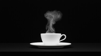 A white cup of coffee with steam rising from it sits on a saucer against a black background.