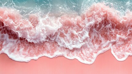 Fototapeta premium Pink Sand Beach Waves, Tropical Shore, Top View, Aesthetic, Relaxing Scenery, Photo, Perfect Vacation, Stunning Landscape, Ideal for Relaxation