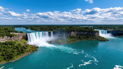 Aerial view of majestic waterfall cascading into river, surrounded by lush greenery and blue