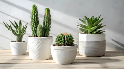 A Serene Collection Of Cacti And Succulents Basking In Sunlit Tranquility, Potted In Minimalist White And Grey Planters