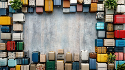 Obraz premium Colorful luggage arranged in circular pattern on wooden floor