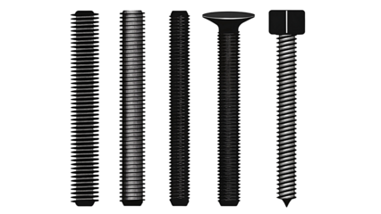 Assorted Black Metal Screws and Bolts Set Isolated on White Background