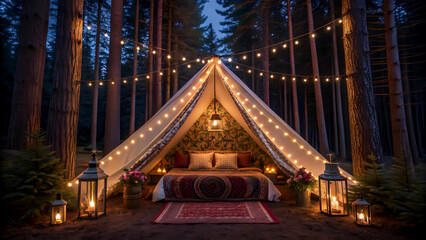 Enchanting Woodland Glamping Escape, A Romantic Bed Beneath Twinkling Fairy Lights And Tall Trees, Creating A Cozy And Magical Atmosphere