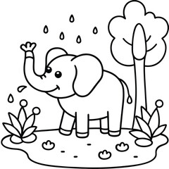 Smiling Cartoon Elephant Having Fun in a Colorful Blooming Pond