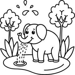 Happy Cartoon Elephant Playing in a Flower-Filled Water Pond