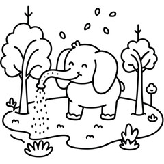 Adorable Elephant Spraying Water in a Beautiful Blooming Pond