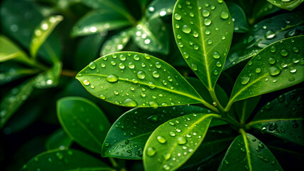 Lush Green Leaves Glistening With Morning Dew, A Vibrant Display Of Natures Renewal, Showcasing Rich Emerald Tones And A Shallow Depth Of Field
