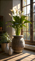 Serene Calla Lilies Bathed In Sunlight Grace A Rustic Pot Near A Sunlit Window, Exuding Tranquility And Warmth