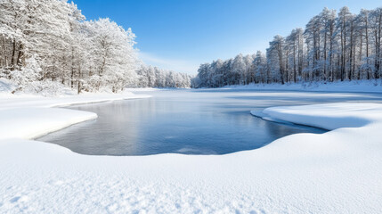 Obraz premium Enchanting winter landscape with snow covered trees and frozen river
