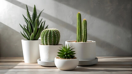 Serene Succulents And Cacti Bask In Sunlit Tranquility, A Minimalist Display Of Desert Flora In Muted White Pots Against A Textured Grey Wall