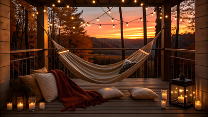 Serene Sunset Hammock Haven Nestled Amidst Autumnal Woods, Bathed In Warm Candlelight And Fairy Lights