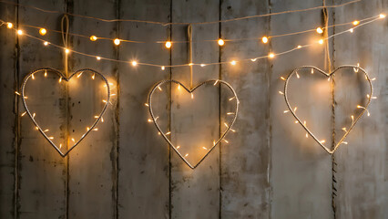 Three Glowing Wire Hearts Adorned With Warm Fairy Lights Create A Romantic And Enchanting Ambiance Against A Rustic Wood Backdrop, Softly Illuminating A Cozy Space With Gentle Golden Light