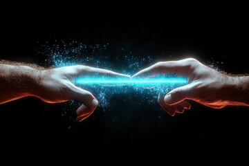Connecting Touch Two Human Hands Interacting Through Luminous Energy on Dark Background Spark Connection