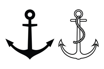 Ship Anchor Icon Set Nautical Silhouette and Outline Vector Illustration.