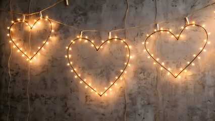 Three Glowing Wire Hearts Strung Together Illuminate A Rustic Wall, Casting A Warm, Romantic Ambiance Perfect For Valentines Day Or A Cozy Evening