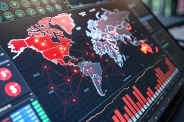 A digital map displaying global data trends with highlighted regions, showcasing statistics and analytics through vibrant colors and graphs.