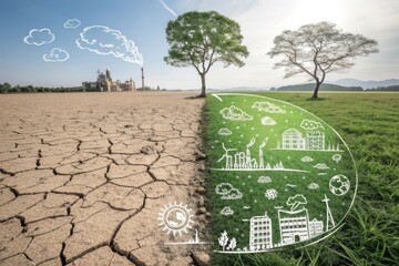 A split image showing a dry, cracked landscape on one side and a green, thriving environment with trees and buildings on the other, illustrating the impact of pollution.