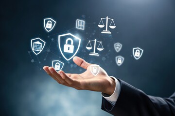 Obraz premium A businessman's hand displays digital security icons, representing themes of cybersecurity, privacy, and legal protection in the digital age.